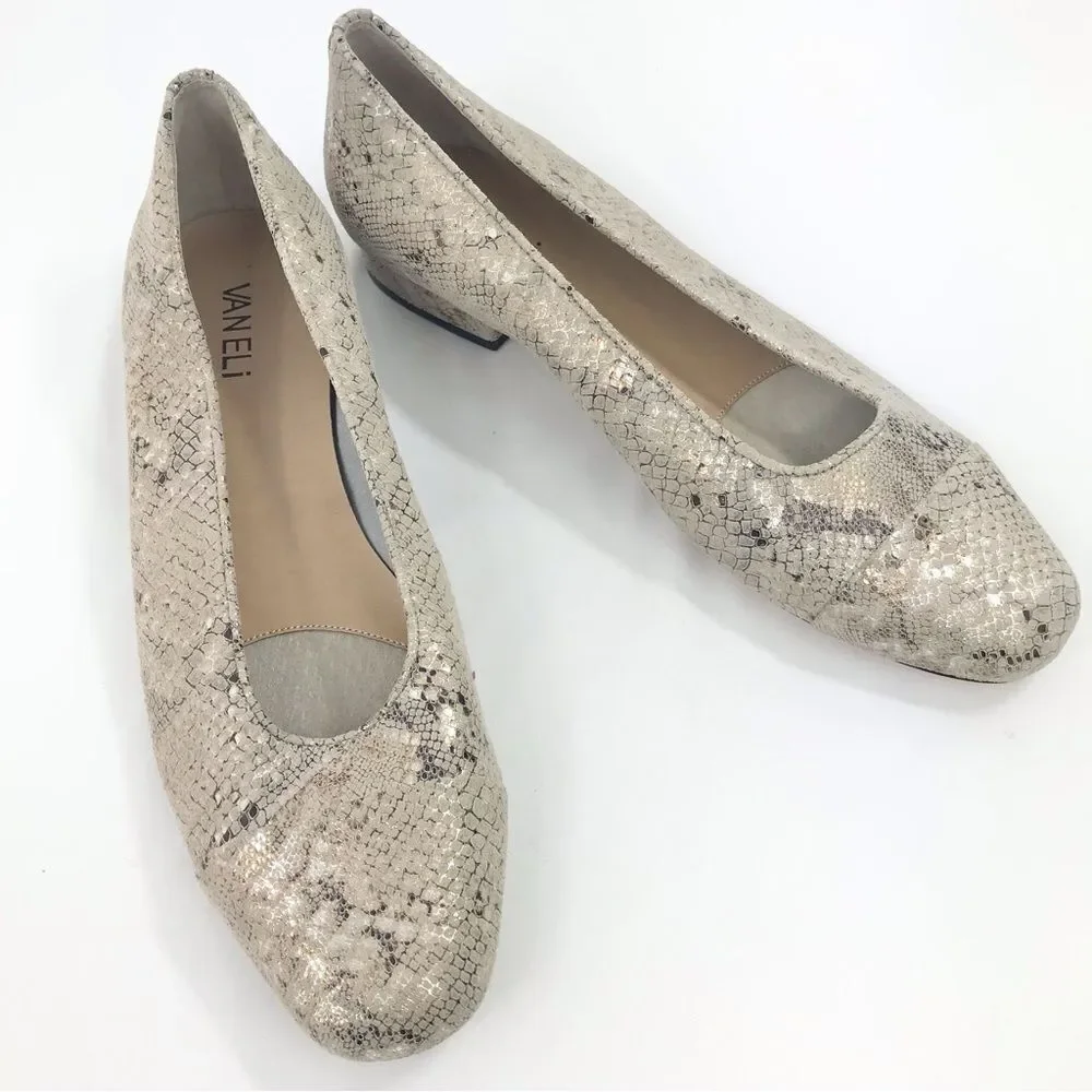 VANELi Tan Metallic Gold Snakeskin Leather Cap Toe Low Heel Classic Ballet Flats